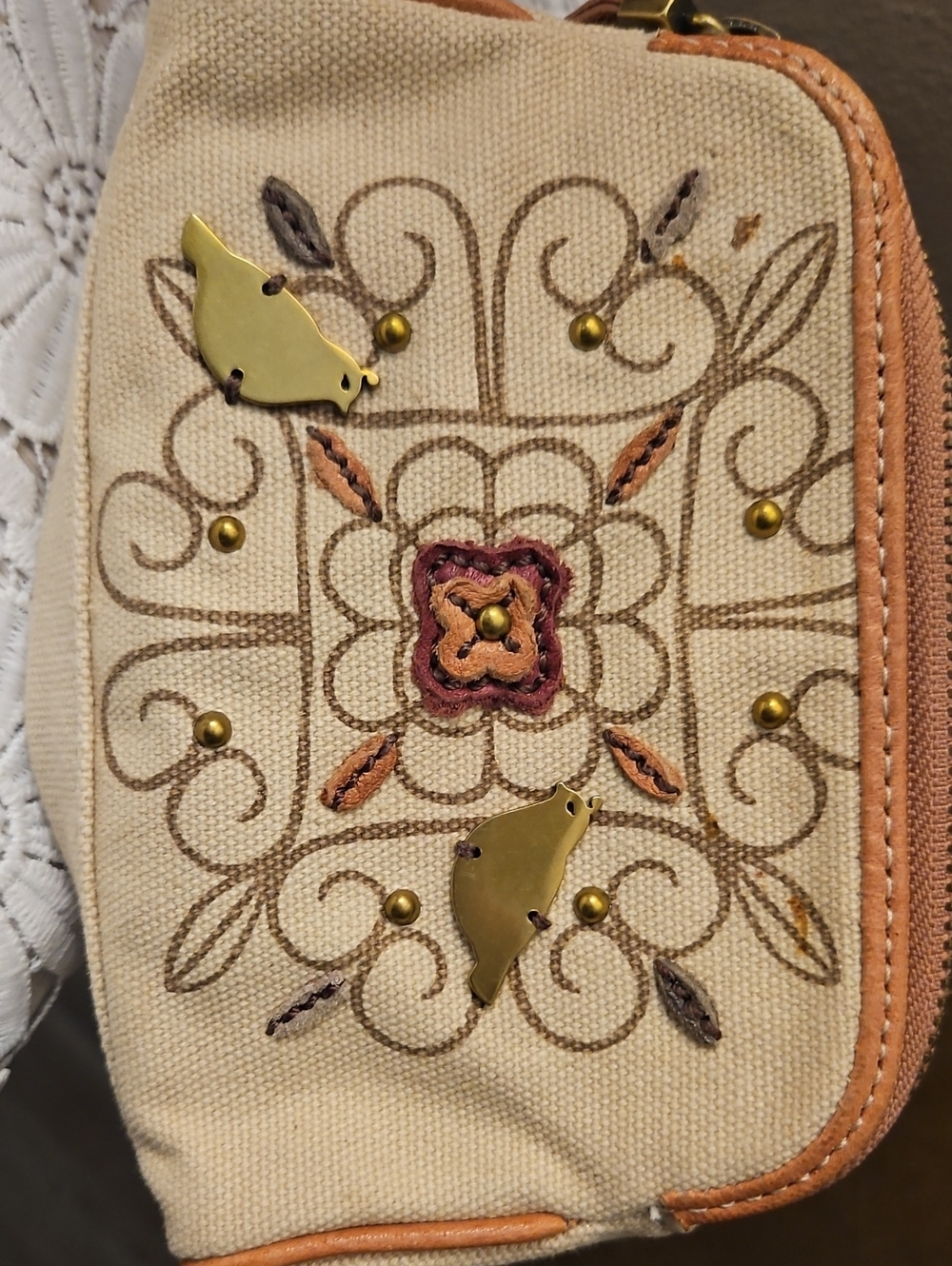 Fossil Embroidered Cream Canvas Pouch with Brass Accent